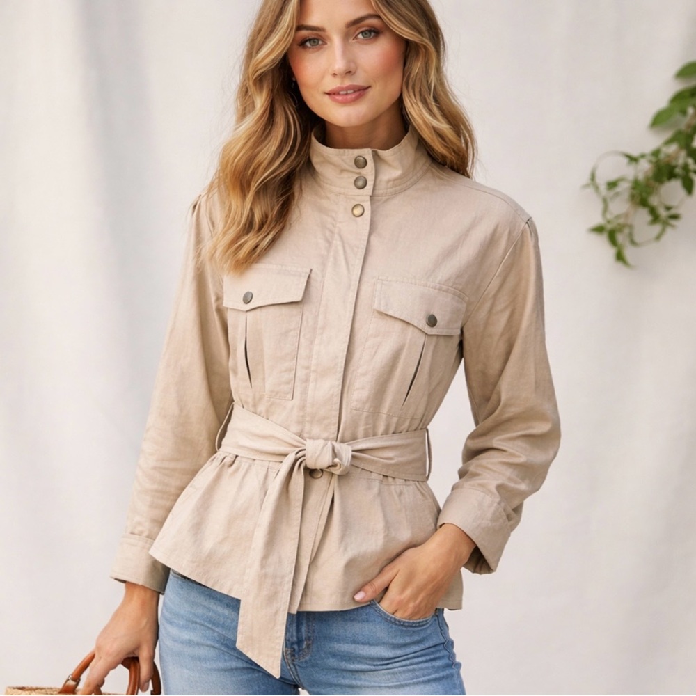 Banana Republic Linen Aviator Jacket Tie Waist Natural Petite L NWT